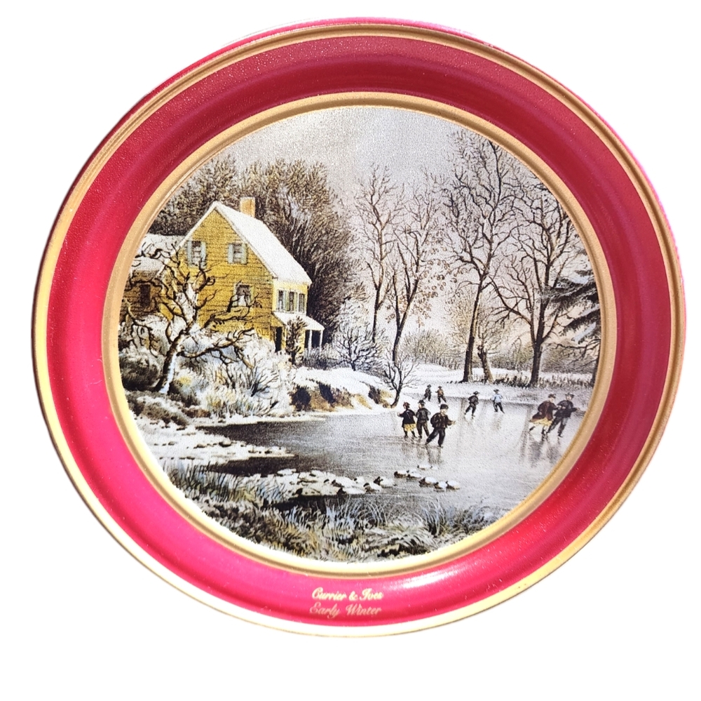 Vintage Sunshine Bakers Currier & Ives Early Winter Large Cookie Tin 3.5"HX10"D